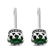 Vintage Royal Crown Celtic Emerald Green CZ Sterling Silver Stud Earrings - e455